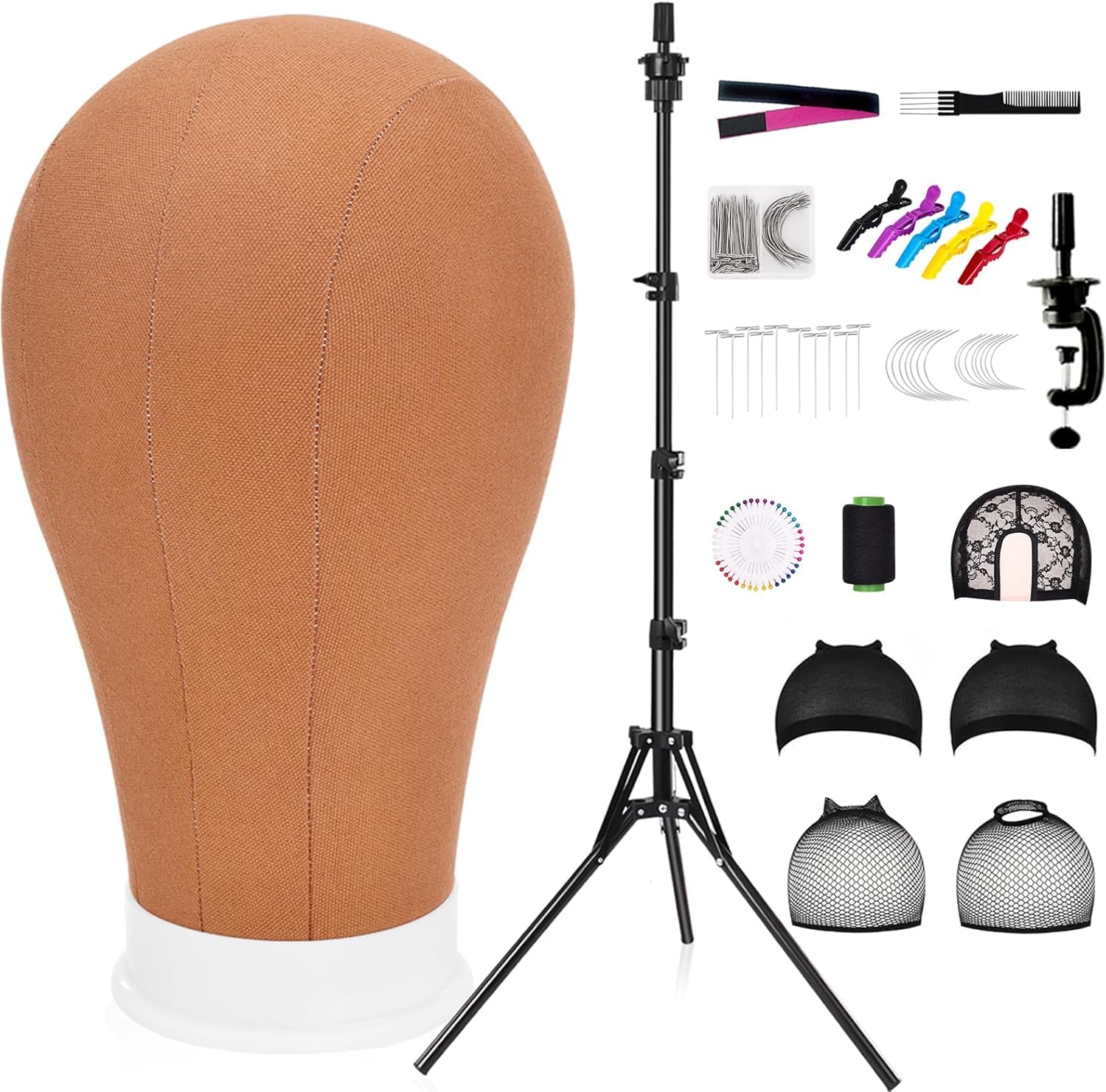 Schaufensterpuppenkopf aus Segeltuch mit Perückenständer-Kit, 55,9 cm, professionelles Styling-Set mit Stativ, Klemme, Kappen, Nadeln, Bürste und Clips (Braun)