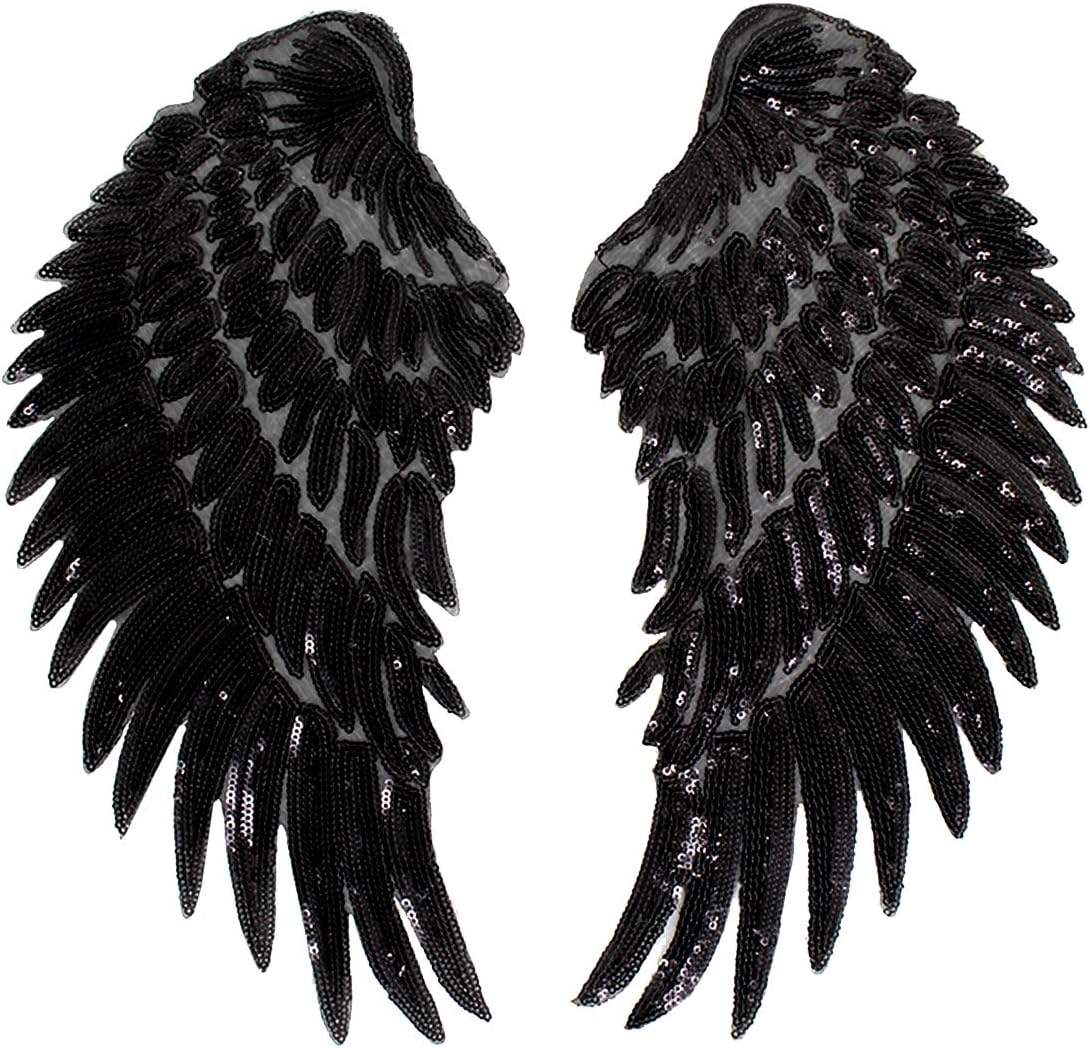 Sequins Large Angel Wings Patches Decorative Iron on Sew on Big Patches for Jacket Jeans DIY, Black