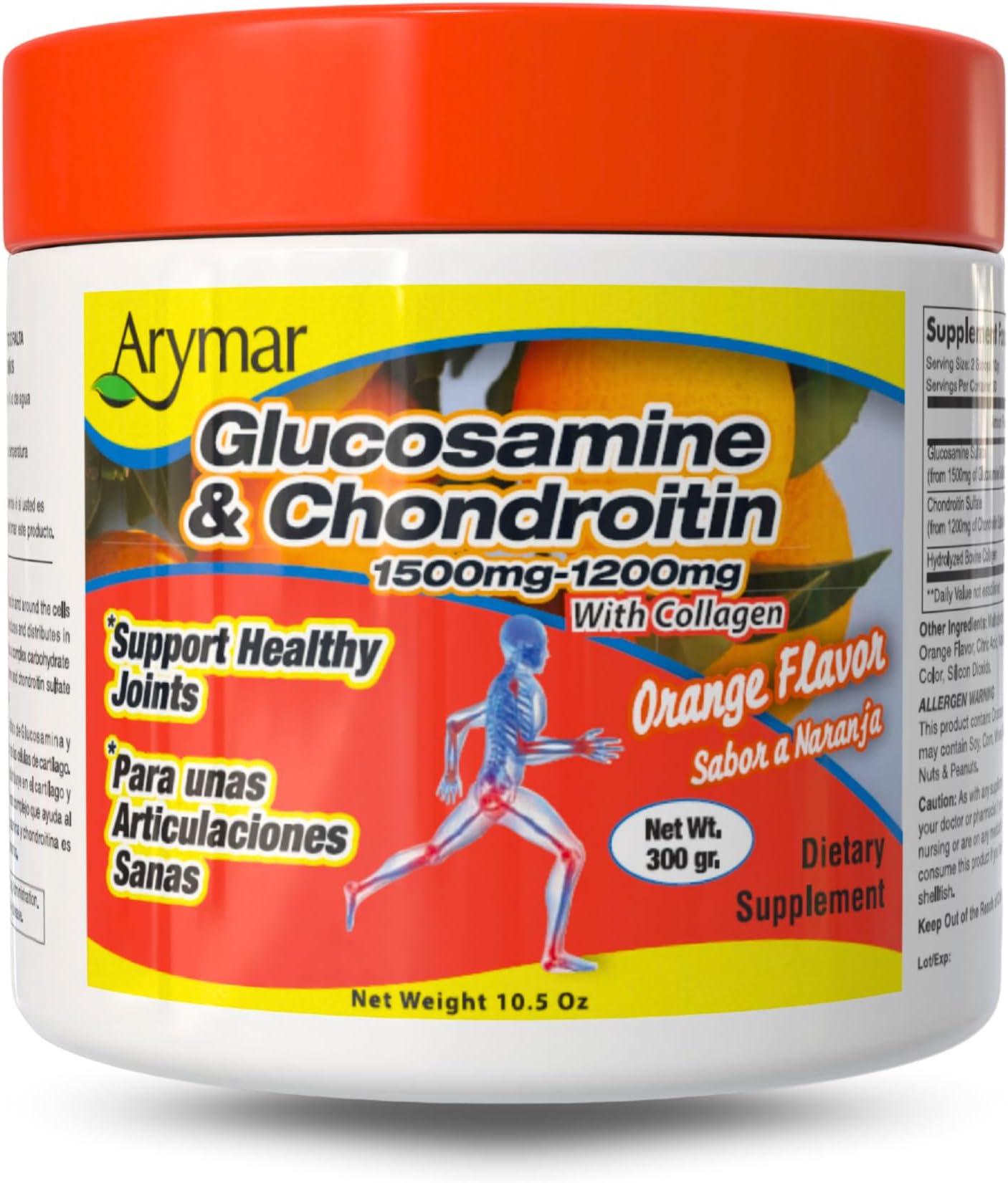 Glucosamine & Chondroitin Powder 1500mg-1200mg with Collagen Orange Flavor Support Healthy Joints, Orange, Orange, 300 Gram, X-Large