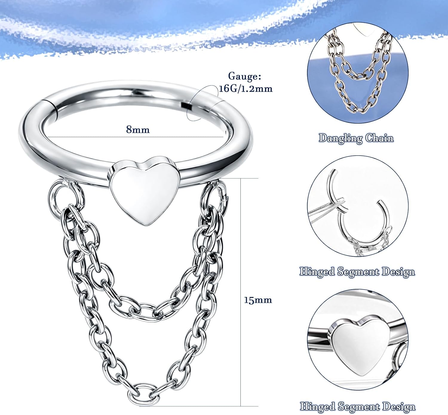 Xpircn Titanium Helix Chain Earring 16G Chain Star Helix Hoop Earrings Hinged Segment Helix Conch Piercing Jewelry