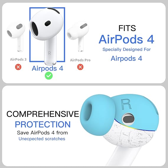 2 Pairs Ear Tips for AirPods 4 Grip Silicone Earbuds Cover [Added Storage Pouch][US Patent Registered] Compatible with Apple AirPods 4th Generation (Ice Blue)