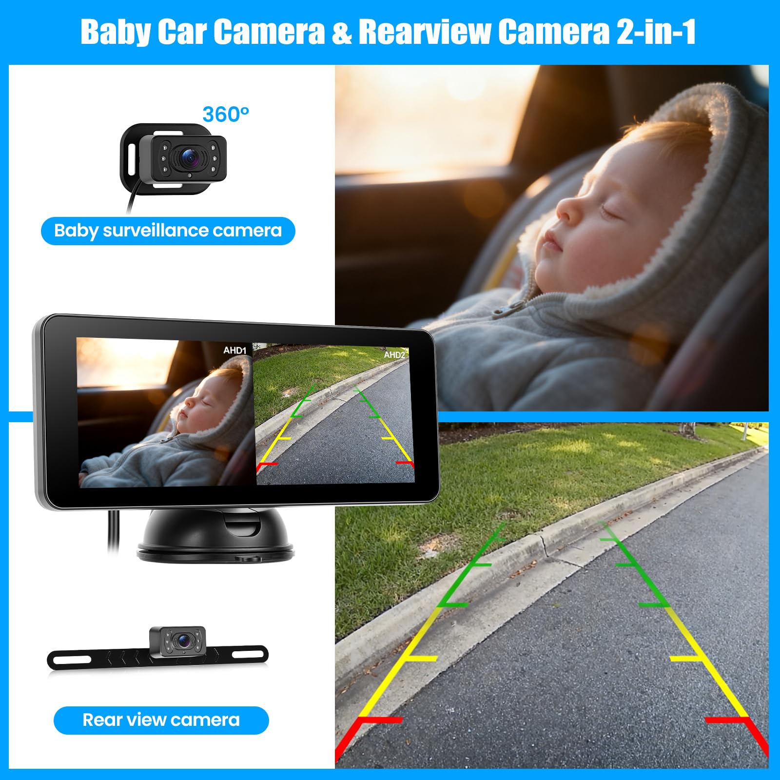 Cámara para bebés y Cámara de Marcha atrás 2 en 1, Monitor IPS con Pantalla de 6,86 Pulgadas, Dos cámaras HD 1080P con visión Nocturna, Gran Angular, para reposacabezas y matrícula del Coche