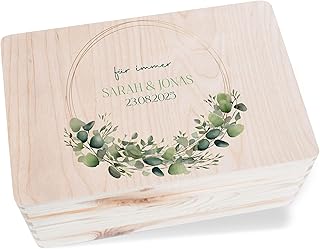 Holzkiste - Für immer Eukalyptus mit Name und Datum | Erinnerungsbox Hochzeit Aufbewahrungsbox | Box Hochzeit für Geldgeschenke - 30 x 20 x 14 - Holz - hochzeitskiste hochzeitskartenbox brautpaar