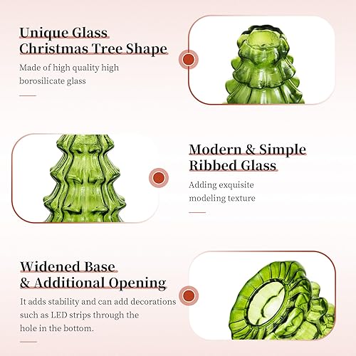Miniatura 6 de Glasseam Portavelas de árbol de Navidad 3 piezas de candelabros de vidrio para velas cónicas acanaladas moderno verde candelero para centro de mesa