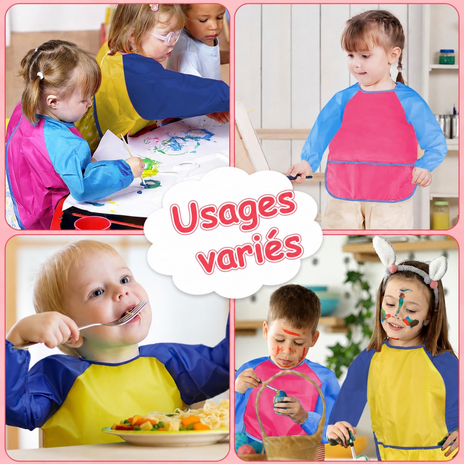 Lot de 24 Tabliers Enfant Peinture avec Manches Longues, Tablier Imperméable pour Enfants 3-8 Ans, Blouse de Peinture avec 3 Poches pour Activité Manuelle, Cuisine, École, Taille M