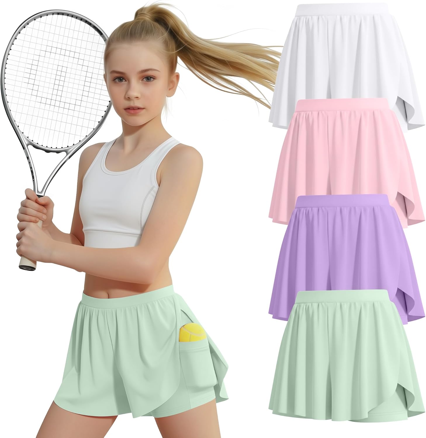 4 Pack Girls' Athletic Shorts Flowy Butterfly Skirts 2 in 1 Kids Quick Dry High Waist Running Shorts with Pockets