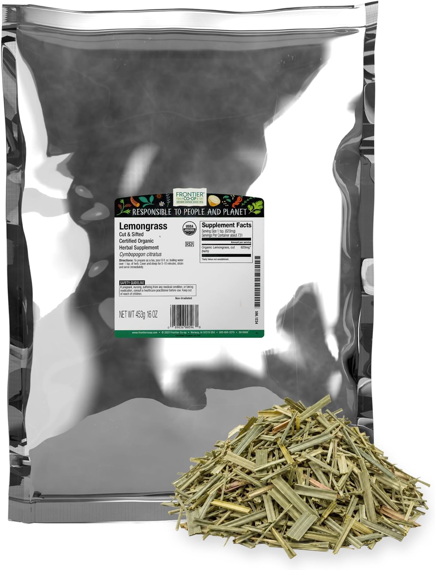 Frontier Co-op Organic Dried Lemongrass, Cut and Sifted, Bulk Bag - 100% Pure, Natural Lemon Grass for Tea, Seasoning | 16 Ounce (Pack of 1)