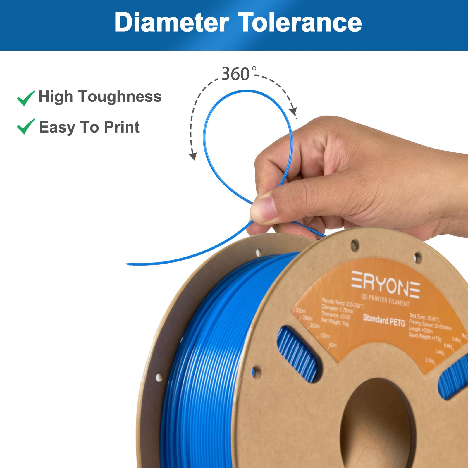 ERYONE PETG Filament 1.75mm, Filament PETG for 3D Printer 1KG, +/-0.03mm, Blue