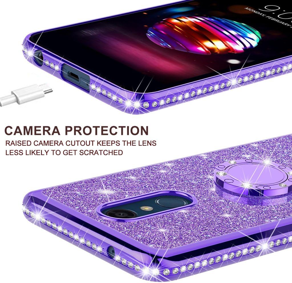 Compatible for LG Rebel 4 Case,Phoenix 4/Tribute Empire/Zone 4/Rebel 3/Aristo/Aristo 2,Phoenix 3/Fortune 2 Ring Glitter Phone Case Kickstand Bling Diamond Purple