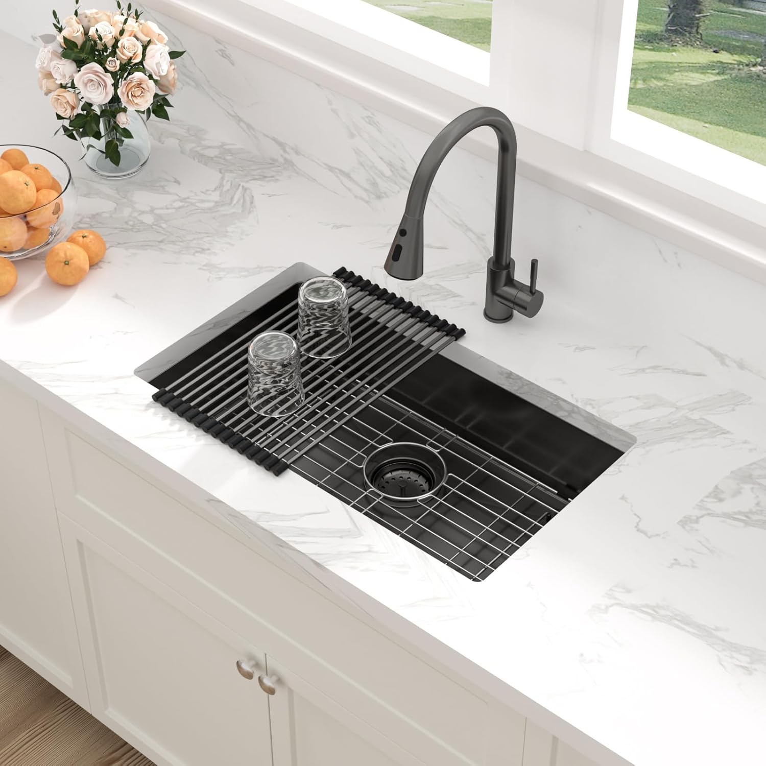 Sarlai ADA Black Kitchen Sink - 27 Inch Undermount Kitchen Sink Gunmetal Black 6-Inch Low Depth ADA Compliant Single Bowl 16 Gauge Stainless Steel 27x16 Inch Under Mount Handmade Sinks Basin