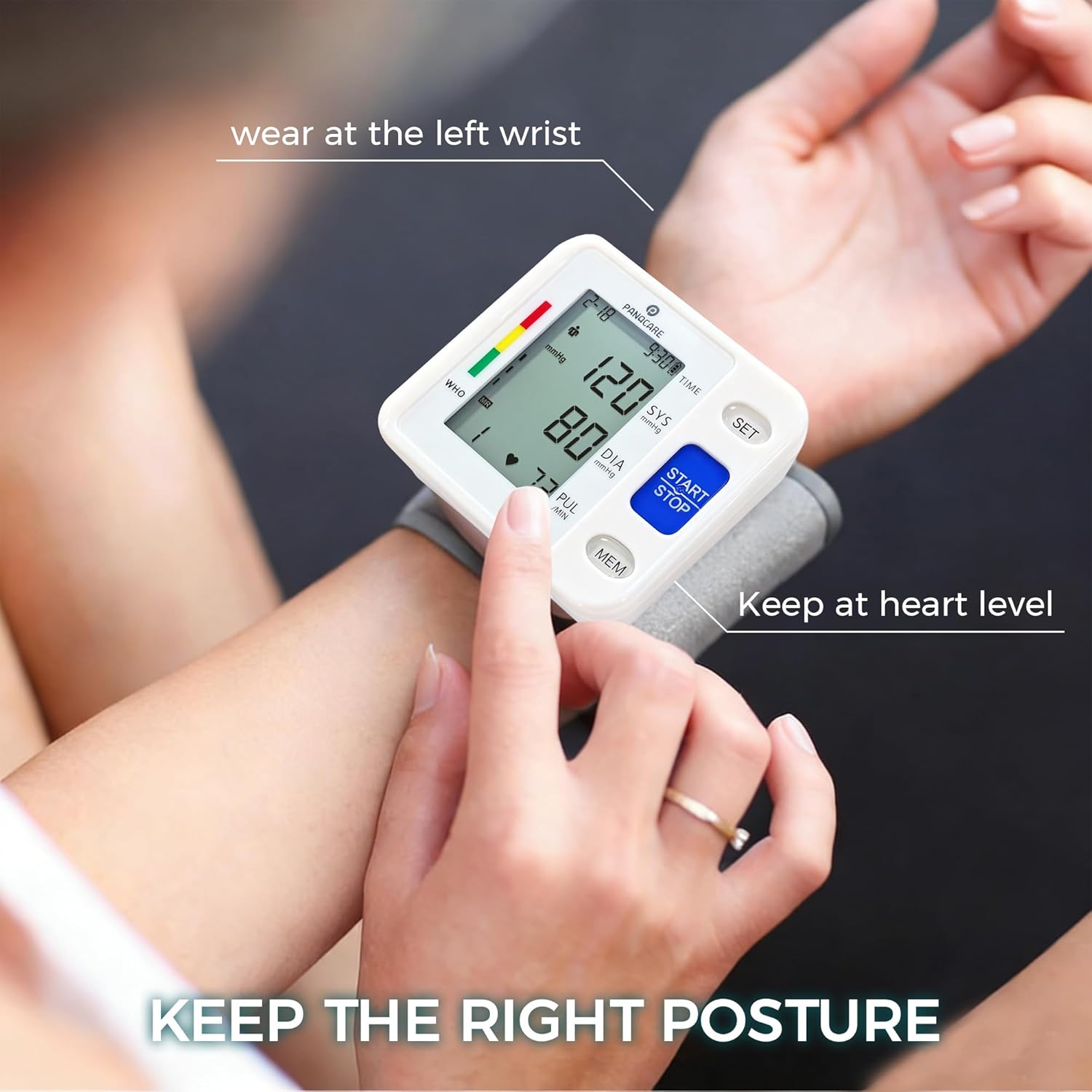 P PANACARE Wrist Blood Pressure Monitor for Home Use, Large LCD Backlit Display, Portable and Lightweight, 298 Memory Storage for 2 Users with Carrying Case