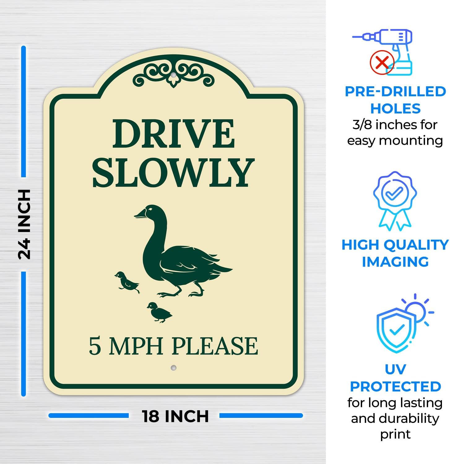 Drive Slowly 5 Mph Please with Duck and Ducklings Walking Graphic Décor Sign, Green Light, 18x24 Inches, ACM, Fade Resistant, Made in USA