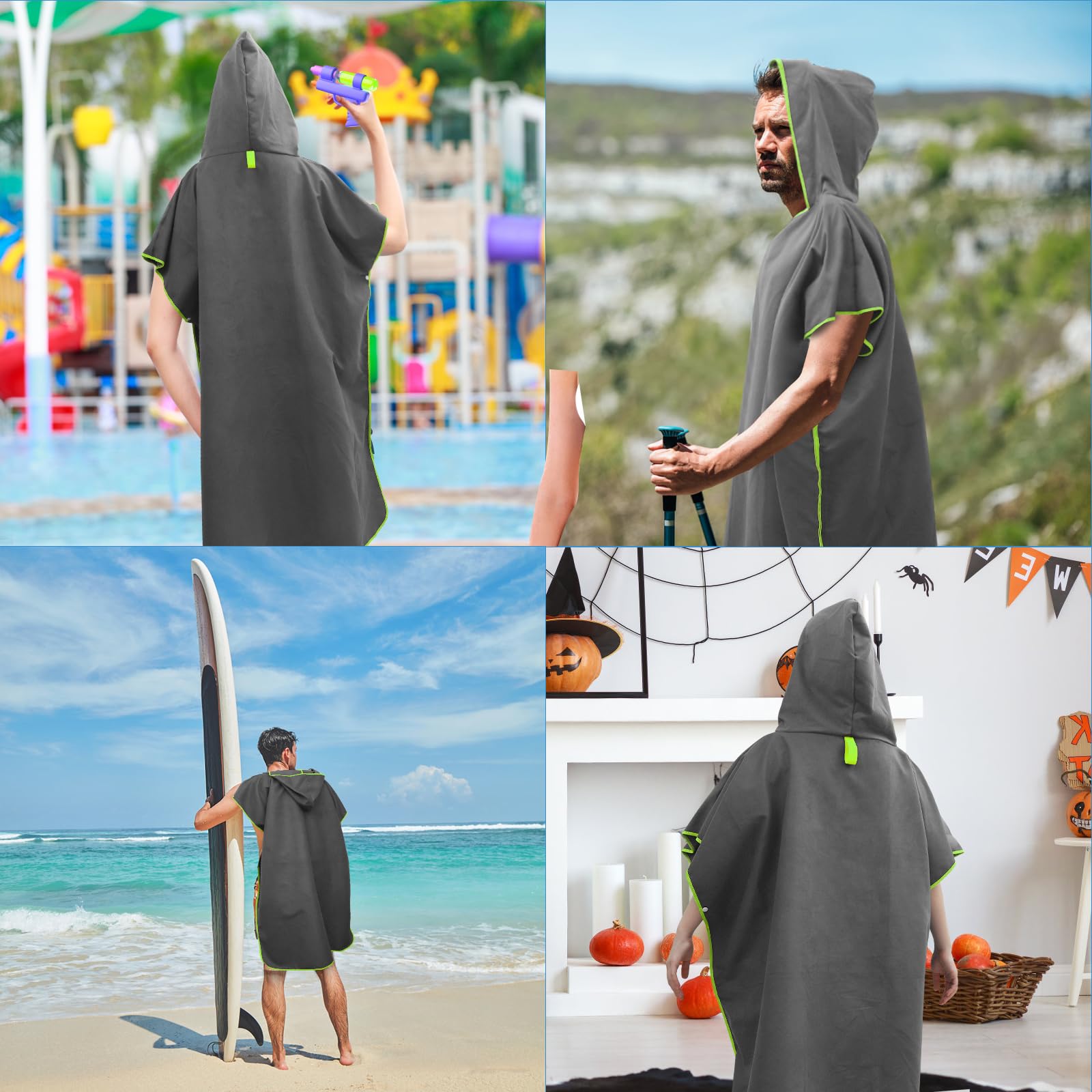 Pameil Poncho de baño para mujer y hombre, Poncho toalla, Poncho de microfibra para surf, Largo con capucha para mujer y hombre, Ideal para la playa, olas, surf (Gris oscuro)