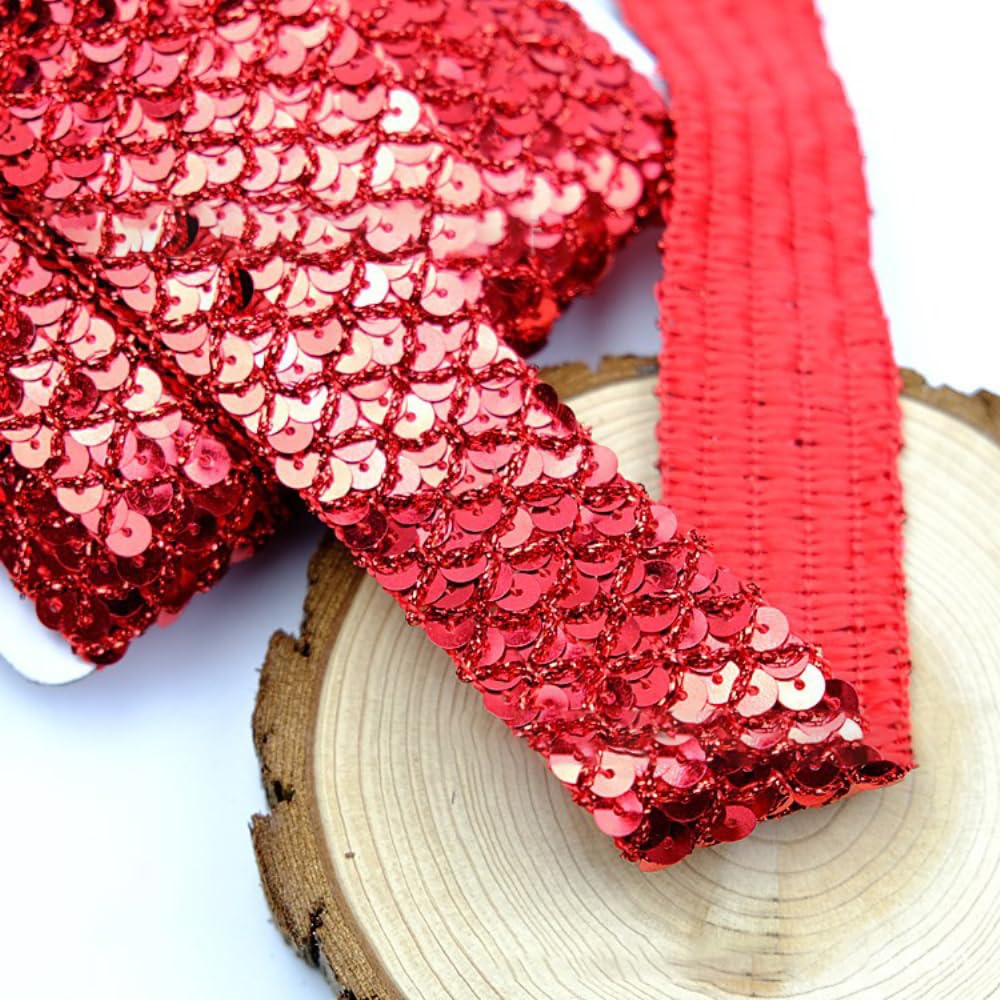 Cinta de lentejuelas de 12 m de ancho de 3,5 cm de ancho, no elástica, cinta decorativa de lentejuelas para manualidades, costura, decoración de ropa, rojo