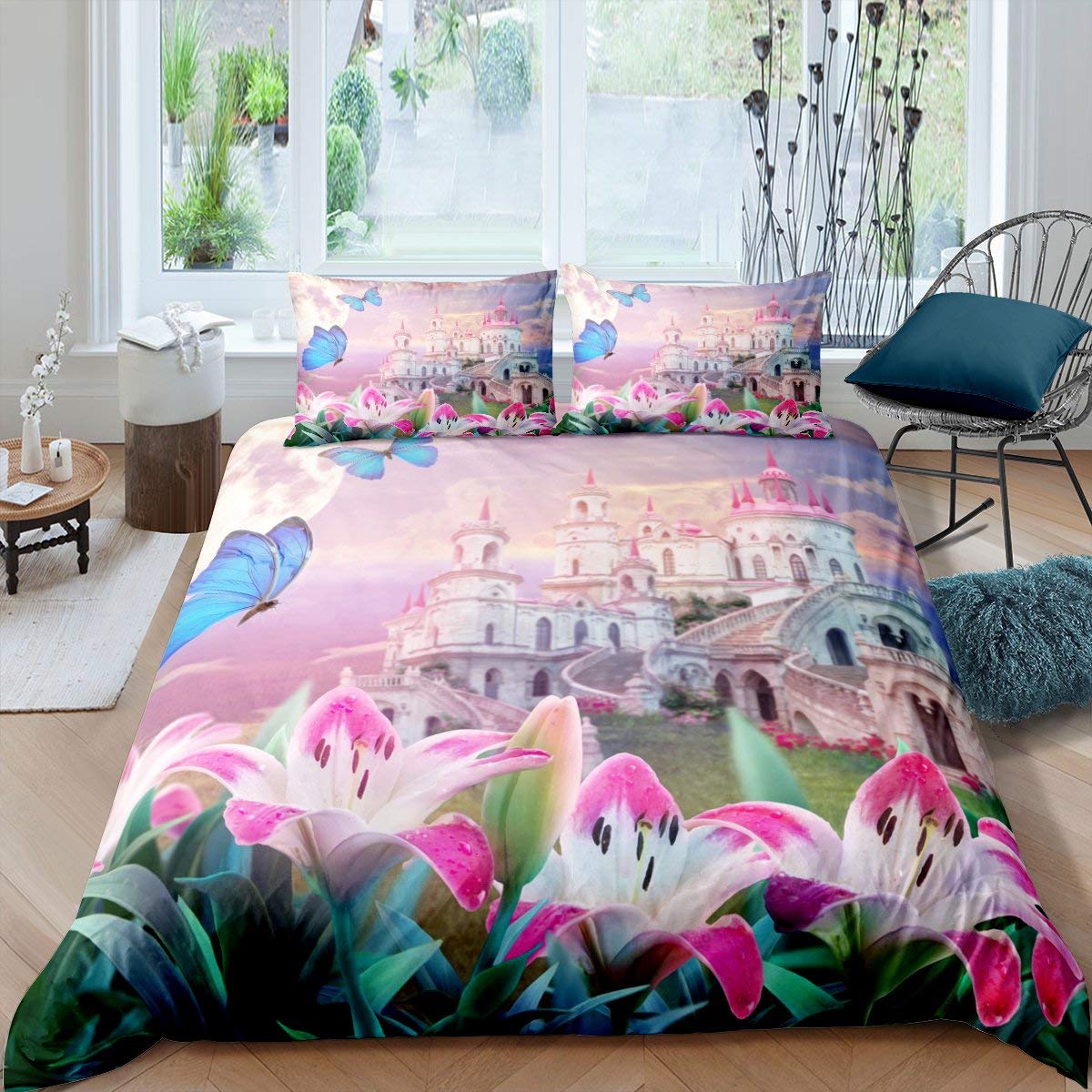Loussiesd Girls Princess Castle Duvet Cover Fantasy Castle Decor Bedding Set for Kids Girls Butterfly Pink Lily Comforter Cover Fairy Tale Magic Kingdom Quilt Cover Bedroom 3Pcs Super King — image 1