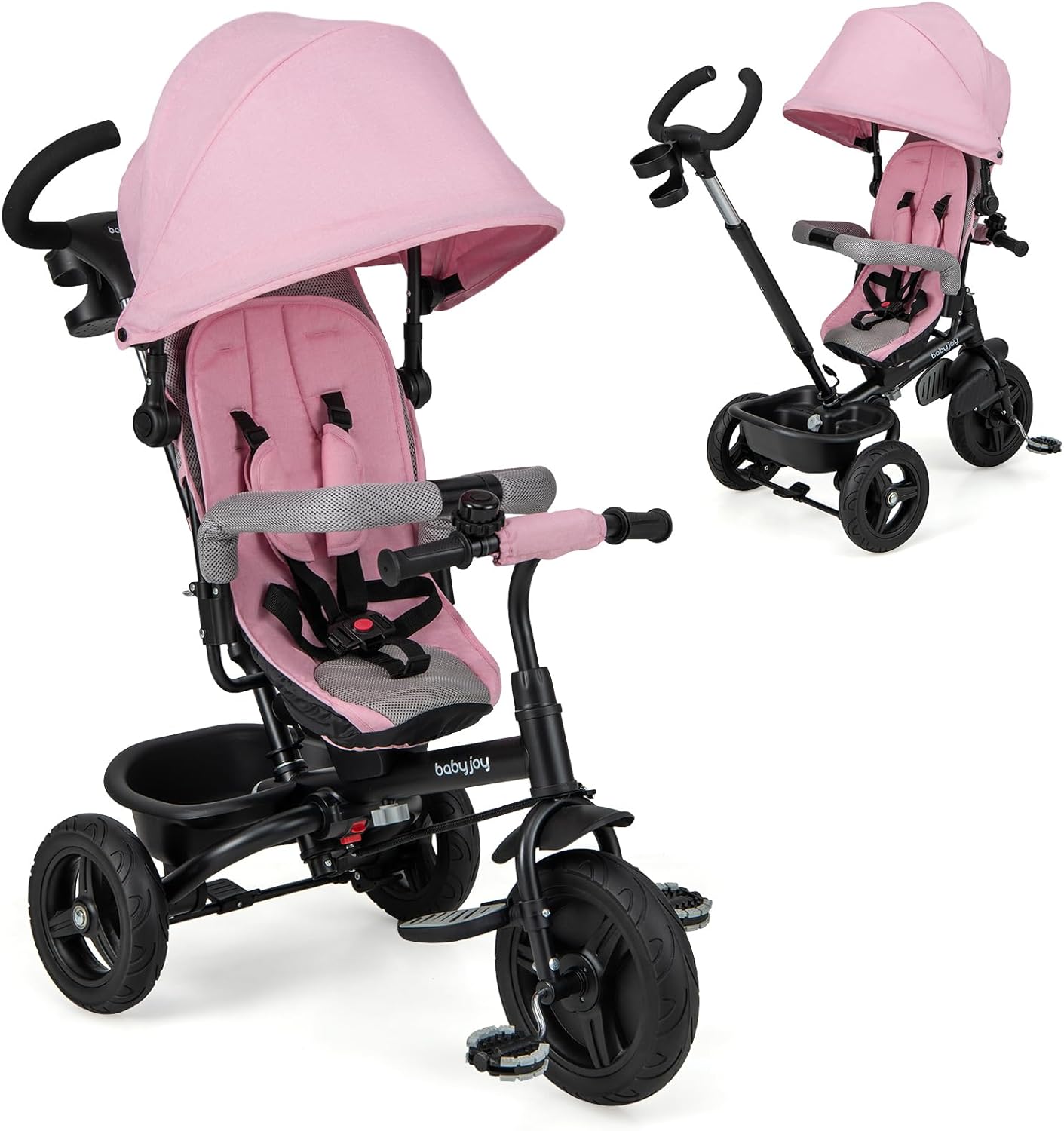 BABY JOY Tricycle, 6 in 1 Trike for Toddler w/Reversible Seat, Adjustable Canopy & Parent Handle, 5-Point Safety Belt, PU Wheels and Storage Basket, Push Tricycle for 9-60 Months (Pink)