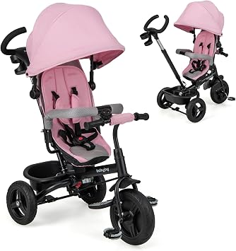 BABY JOY Tricycle, 6 in 1 Trike for Toddler w/Reversible Seat, Adjustable Canopy & Parent Handle, 5-Point Safety Belt, PU Wheels and Storage Basket, Push Tricycle for 9-60 Months Pink