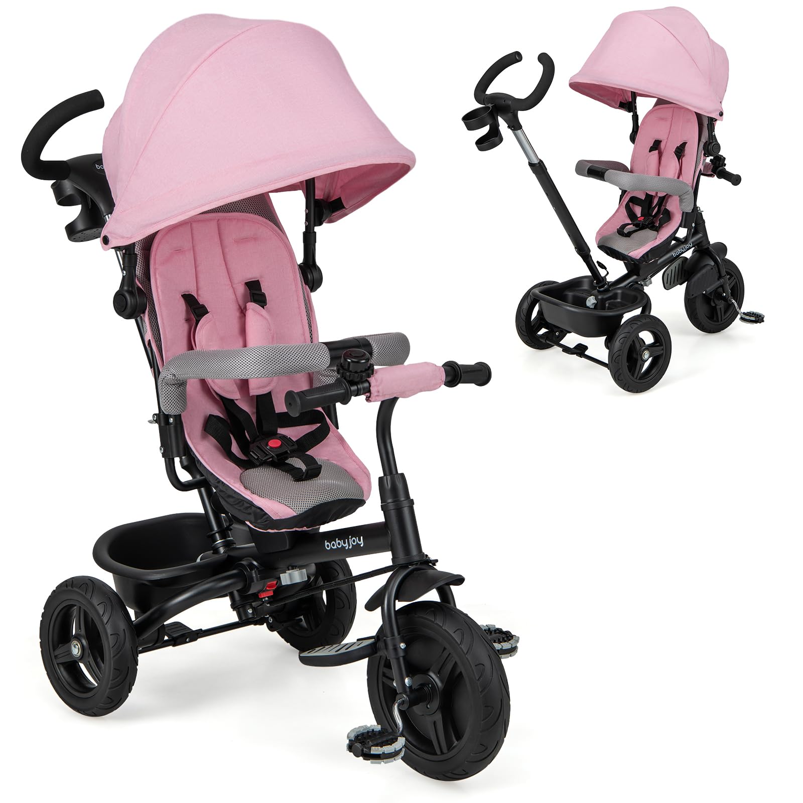BABY JOY Tricycle, 6 in 1 Trike for Toddler w/Reversible Seat, Adjustable Canopy & Parent Handle, 5-Point Safety Belt, PU Wheels and Storage Basket, Push Tricycle for 9-60 Months (Pink) OEKO-TEX STANDARD 100