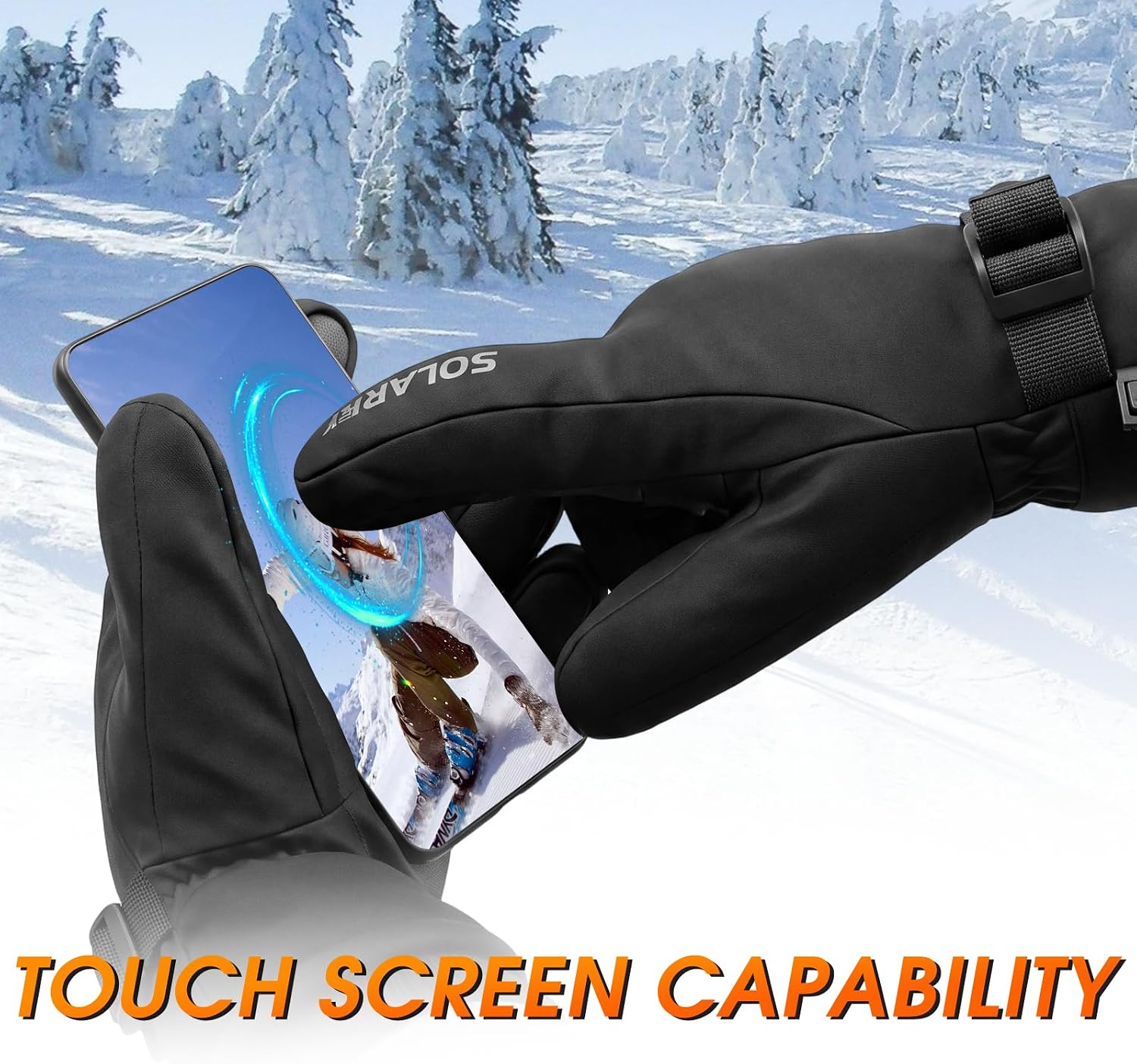 Waterproof Winter Gloves, Touchscreen, Windproof, with Adjustable Wrist Strap for Men Women, Black