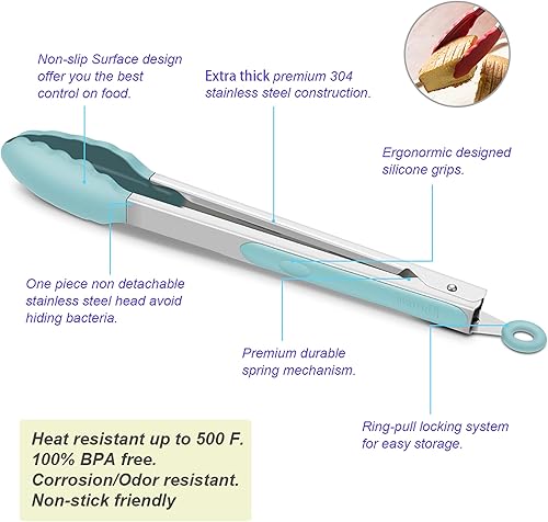 Miniatura 4 de Aqua Sky - Paquete de 4 pinzas de cocina Aqua Sky, de silicona de alta calidad, sin BPA, antiadherentes, acero inoxidable, para cocinar a la