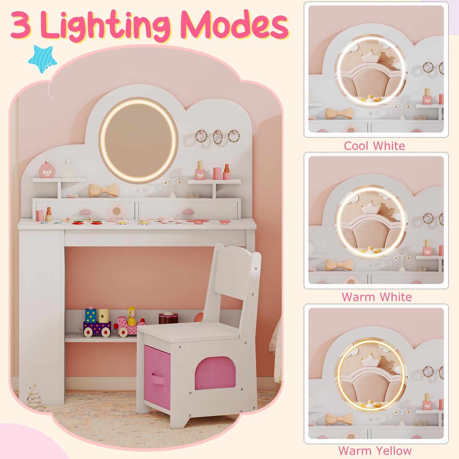 LIFEZEAL Tocador Infantil con Espejo Iluminado LED, Set de Tocador y Silla Princesa, Mesa 2 en 1 con Estantes y Cajones, Almacenaje Seguro para Niñas Desde 3 Años (Blanco)