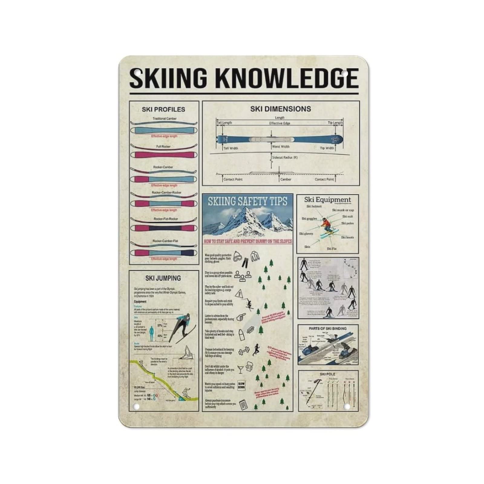 AOOEDM Skiing Knowledge Art Wall Metal Tin Sign for Home Bar Pub Kitchen Wall Art Deocr Man Cave Vintage Metal Sign Poster Plaque Signs Quotes Sign