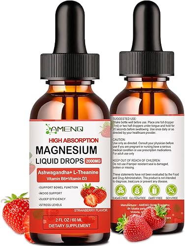 Gotas líquidas de glicinato de magnesio, complejo de magnesio quelatado 5 veces con zinc, D3, L-teanina, Ashwagandha, suplemento orgánico de
