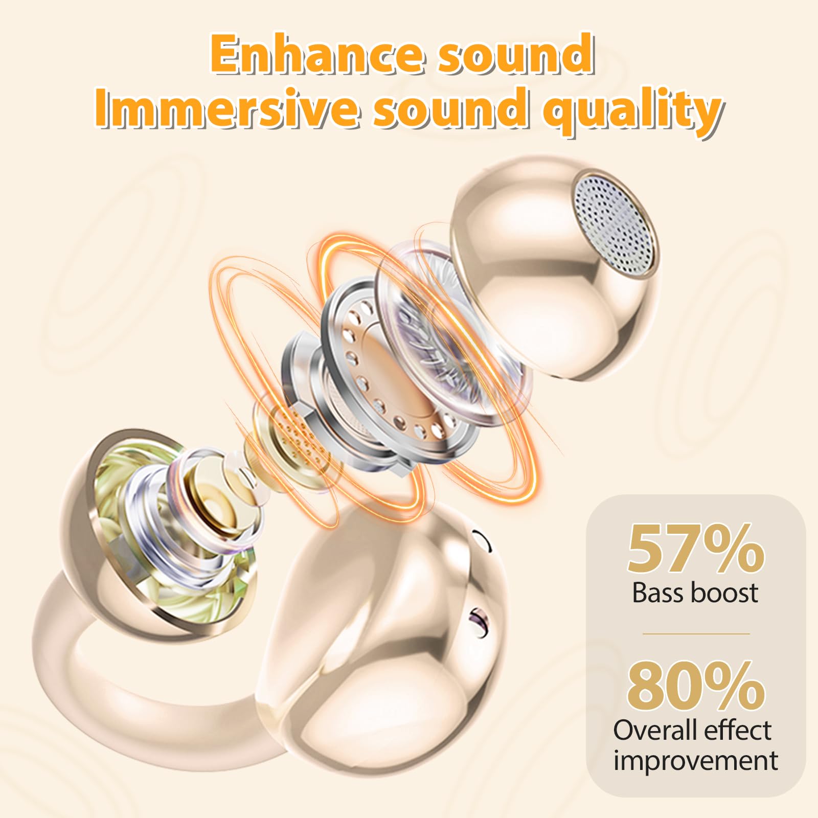 PTHTECHUS Cuffie Conduzione Ossea, Cuffia Aperte Auricolari a Clip Auricolari Bluetooth Sport Clip Aperta Cuffie In-Ear Wireless, Compatibile iOS/Android, 60 ore di Riproduzione, M91 (Oro)