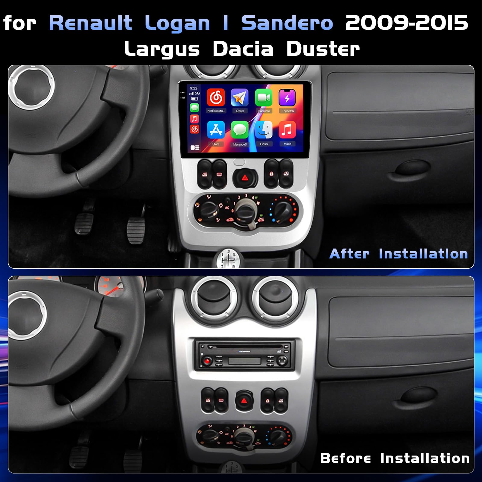 4+128G Autoradio pour Renault Logan 1 Sandero 2009-2015 Largus Dacia Duster | Incell Écran Tactile Wireless Carplay Autoradio 2 DIN GPS Navi Bluetooth 5.0 WiFi FM/RDS Caméra de Recul EQ 4+128G