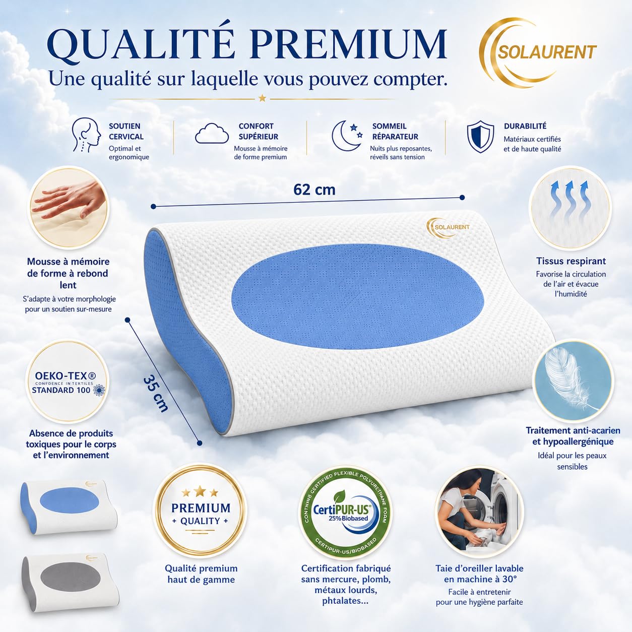 Wavéalux – Almohada ergonómica Cervical – Almohada ergonómica – Almohada ortopédica. 3 en 1 para la nuca y para las piernas. oekotex y certi-Pur (azul)