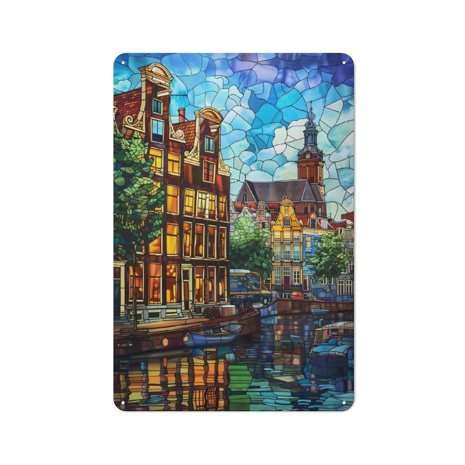 Junmoney Amsterdam Canal Glow Rustic Tin Sign 30X20cm For Living Room Or Hallway, Suited To Living Room Decor Lovers
