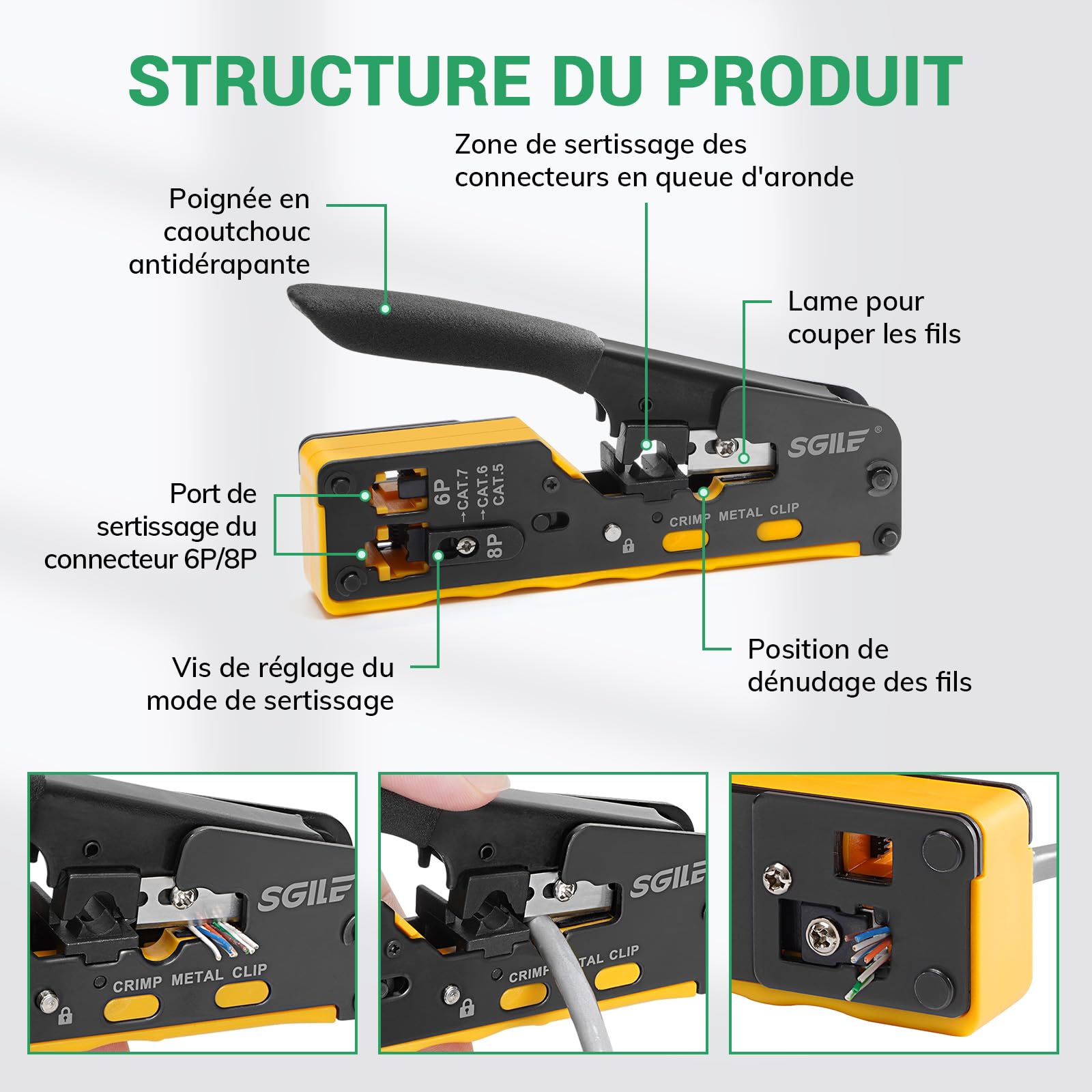 SGILE RJ45 Kit de Sertissage, Couteau à Dénuder à Sertir Traversant, Cat5 Cat6 Cat7 Tout - en - Un, Kit de Sertissage Ethernet Réseau, Kit Réparation Réseau, 50 Connecteurs CAT6