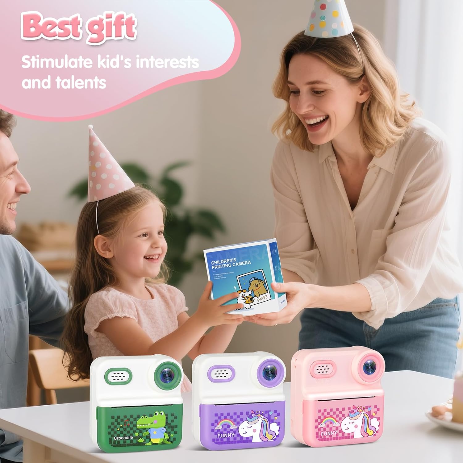 Kids Camera Instant Print with 32GB Card, 1080p Video, 2.4in Screen, Front Rear Dual Selfie, Perfect Christmas Birthday Gifts Portable Travel Toys Camera