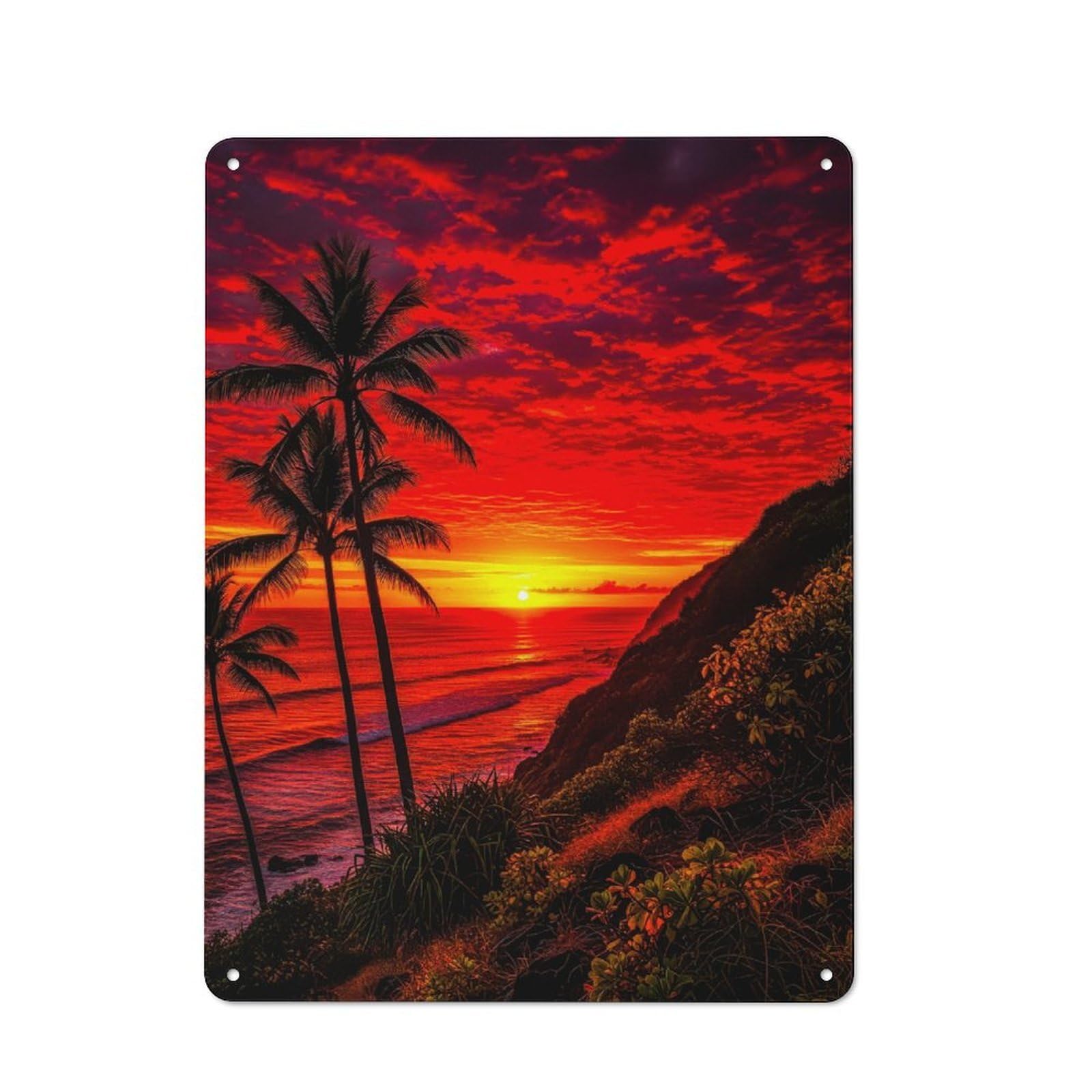 Metal Wall Plaque with Dramatic Sunset Over Tropical Ocean Design 40x30cm, Retro Room Wall Plaque for Home, Shop, Pub Or Studio Wall