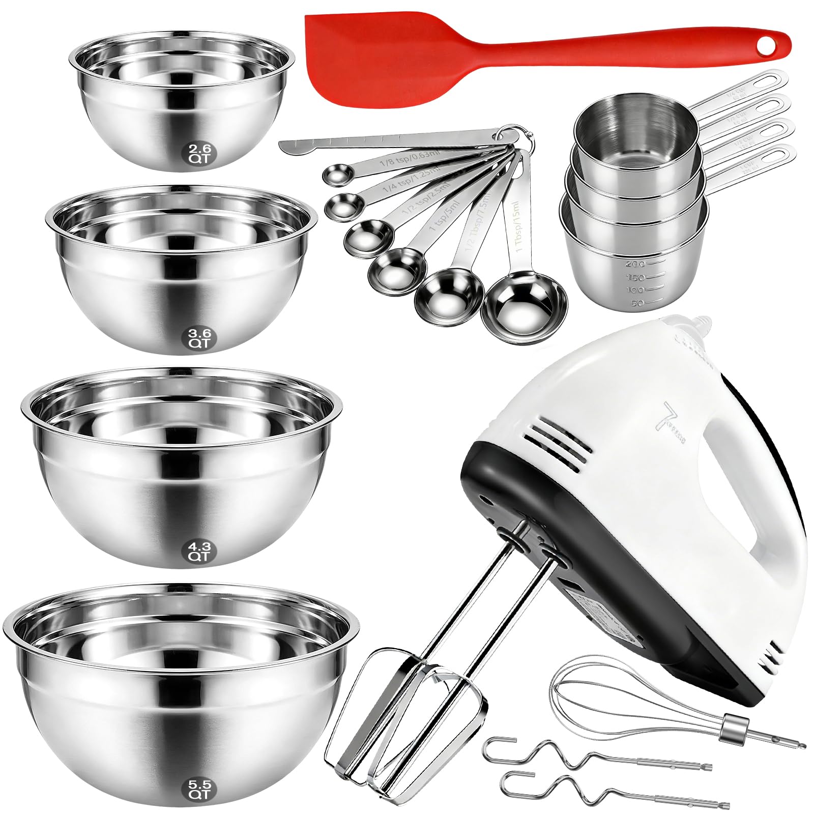 Leaflai Batidora eléctrica de mano con 7 velocidades, varillas eléctricas, 4 cuencos grandes, cuencos insertables de acero inoxidable, vasos medidores, cucharas y varillas Turbo Boost para la cocina