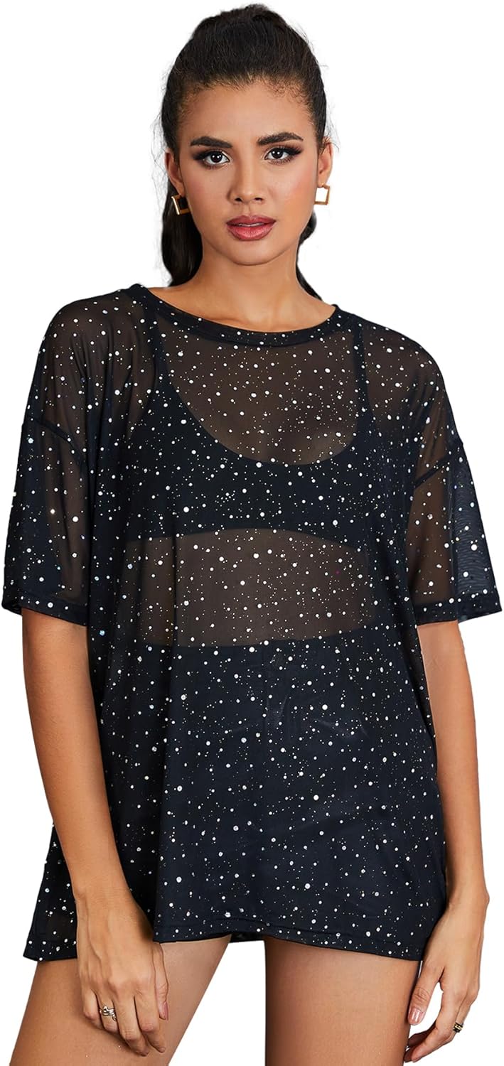 WDIRARA Women’s Glitter Sheer See Through Short Sleeve Mesh Top Tee Blouse