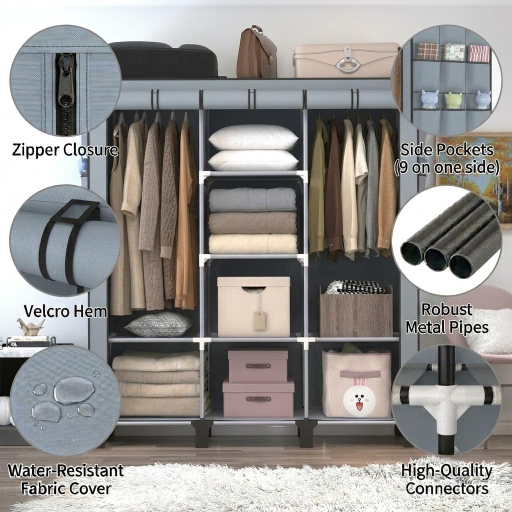 Portable Non-Woven Fabric Wardrobe, 2 Hanging Rods & Multi Tier Storage Shelves, 18 Side Pockets Clothes Closet Organizer, 130×45×172cm for Bedroom Dorm Living Room, Gray (Gray)