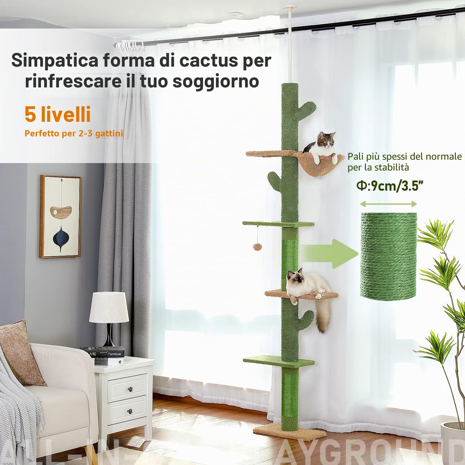 PAWZ - Tiragraffi a forma di catus, da terra fino al soffitto, tiragraffi a torre per gatti con altezza regolabile (229-275 cm), 5 ripiani, con comoda amaca, ripiani e palline penzolanti