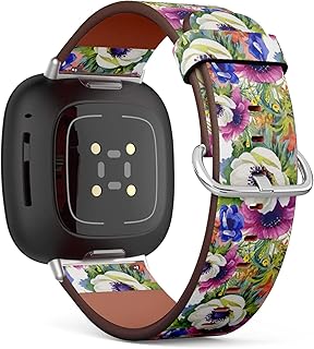 CJBROES Replacement Leather Watch Band, Compatible with Fitbit Versa 3 and Fitbit Sense of Wristband Bracelet Accessory - Watercolor Summer Garden Blooming Colorful