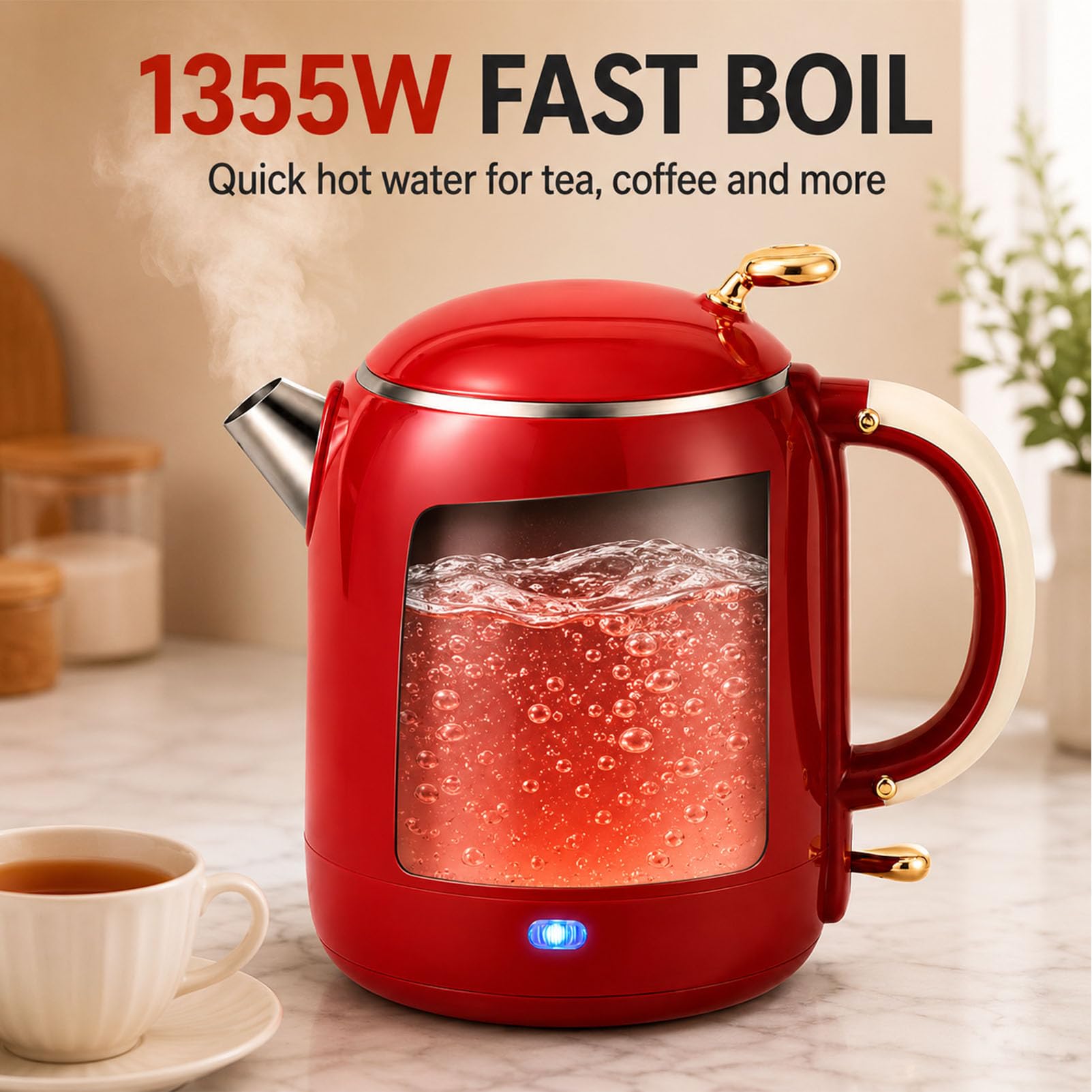 Czajnik elektryczny 1L 1355W szybkie gotowanie z wnętrzem ze stali Red,1L