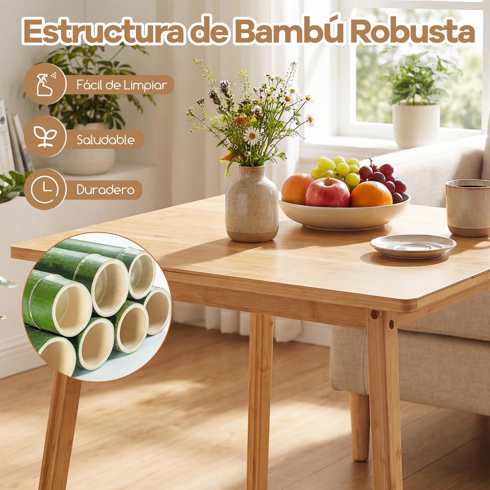 COSTWAY Mesa de Comedor Cuadrada de Bambú, Mesa de Cocina de Madera Maciza de 70 cm, Escritorio Moderno para Espacios Pequeños, Comedor, Sala de Estar y Estudio, para 2-4 Personas, Carga hasta 100 kg