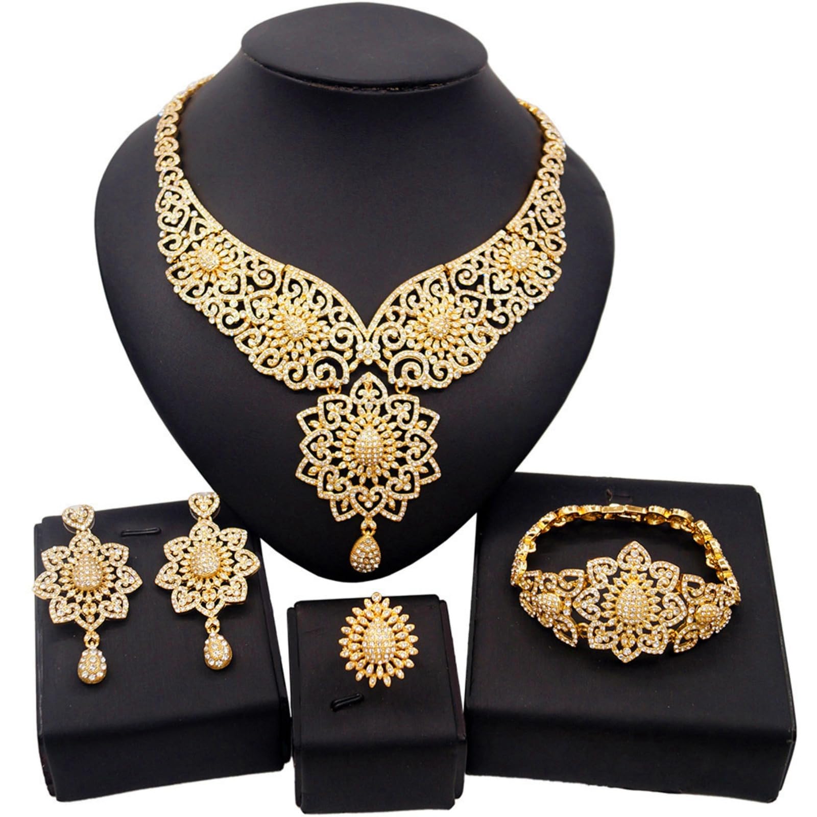 4 PCs 24K Brautschmucksets für Frauen Funkelnde Kristallhalskette Armband Ohrring Ring Hochzeitsfeier Abschlussball