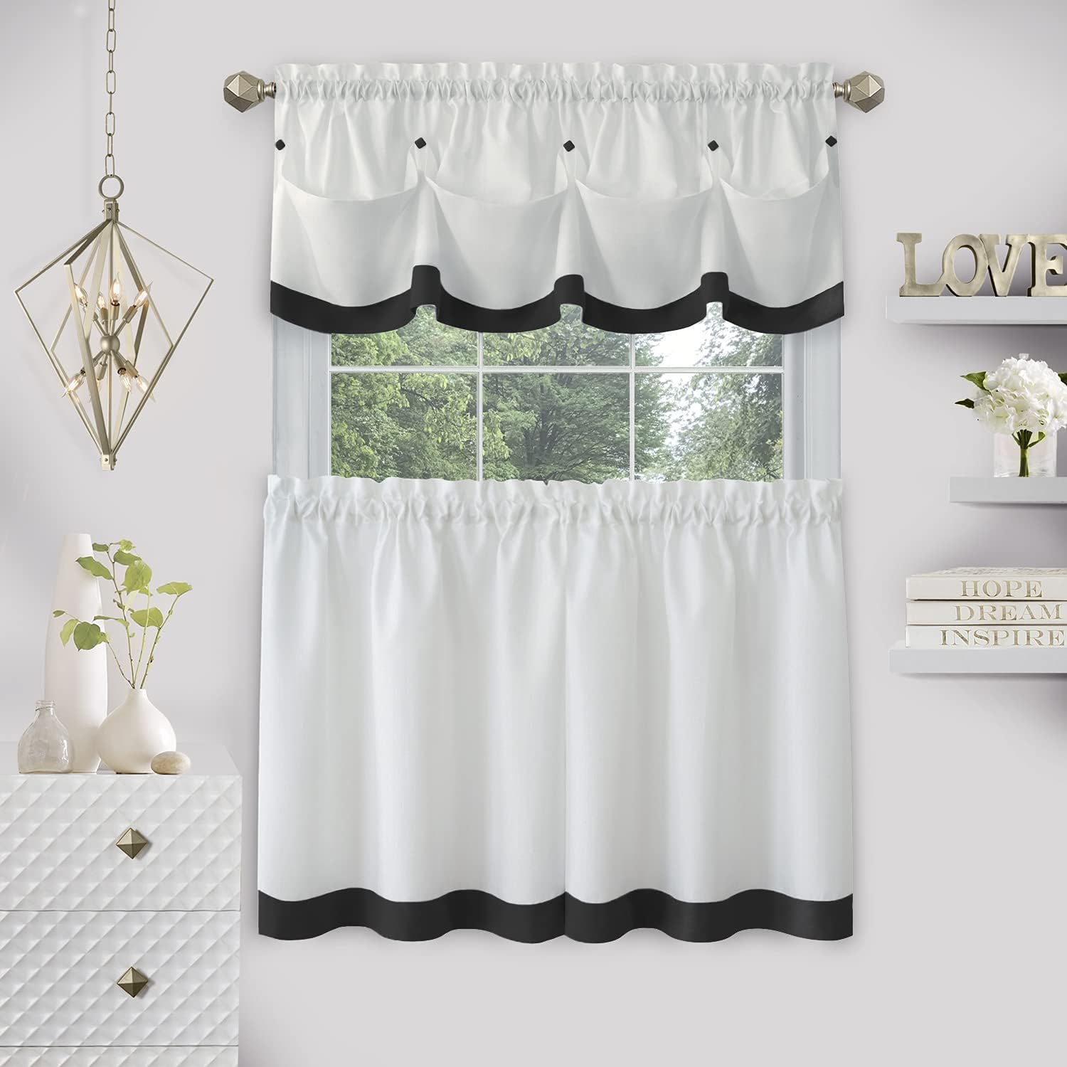 ACHIM Home Furnishings Lana Window Curtain Tier Pair and Valance Set, 58" x 36" & 58" x 14", Black