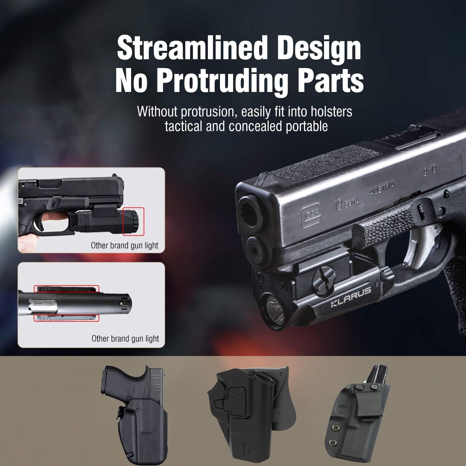 KLARUS GL1 600 Lumens USB Rechargeable Tactical Light, Rail Mounted Compact Pistol Light, Compatible with Glock and 1913 Rail, Powered by Built-in Polymer Battery
