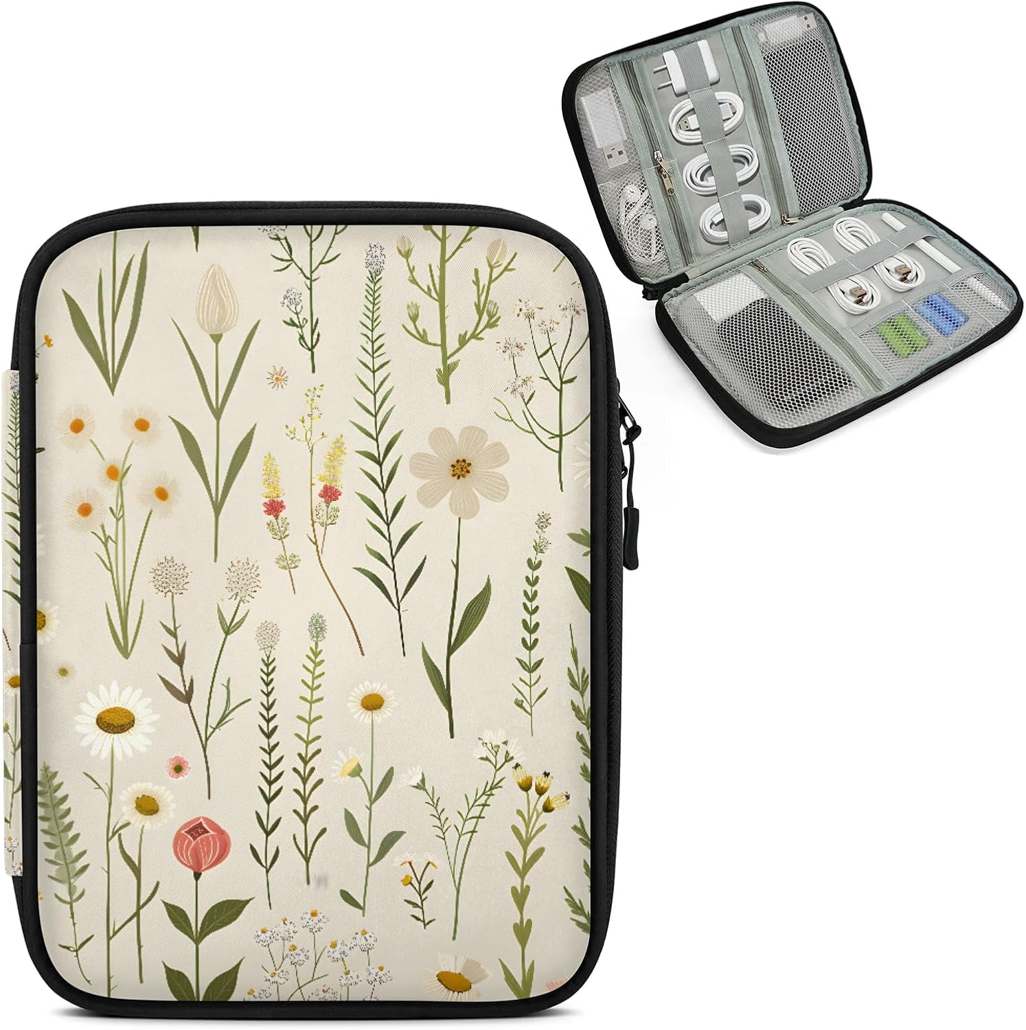 Wildflower Electronics Travel Organizer Case, Watercolor Plant Tech Organizer Pouch Cord Storage Bag for Phone, Cable, Charger, Accessories