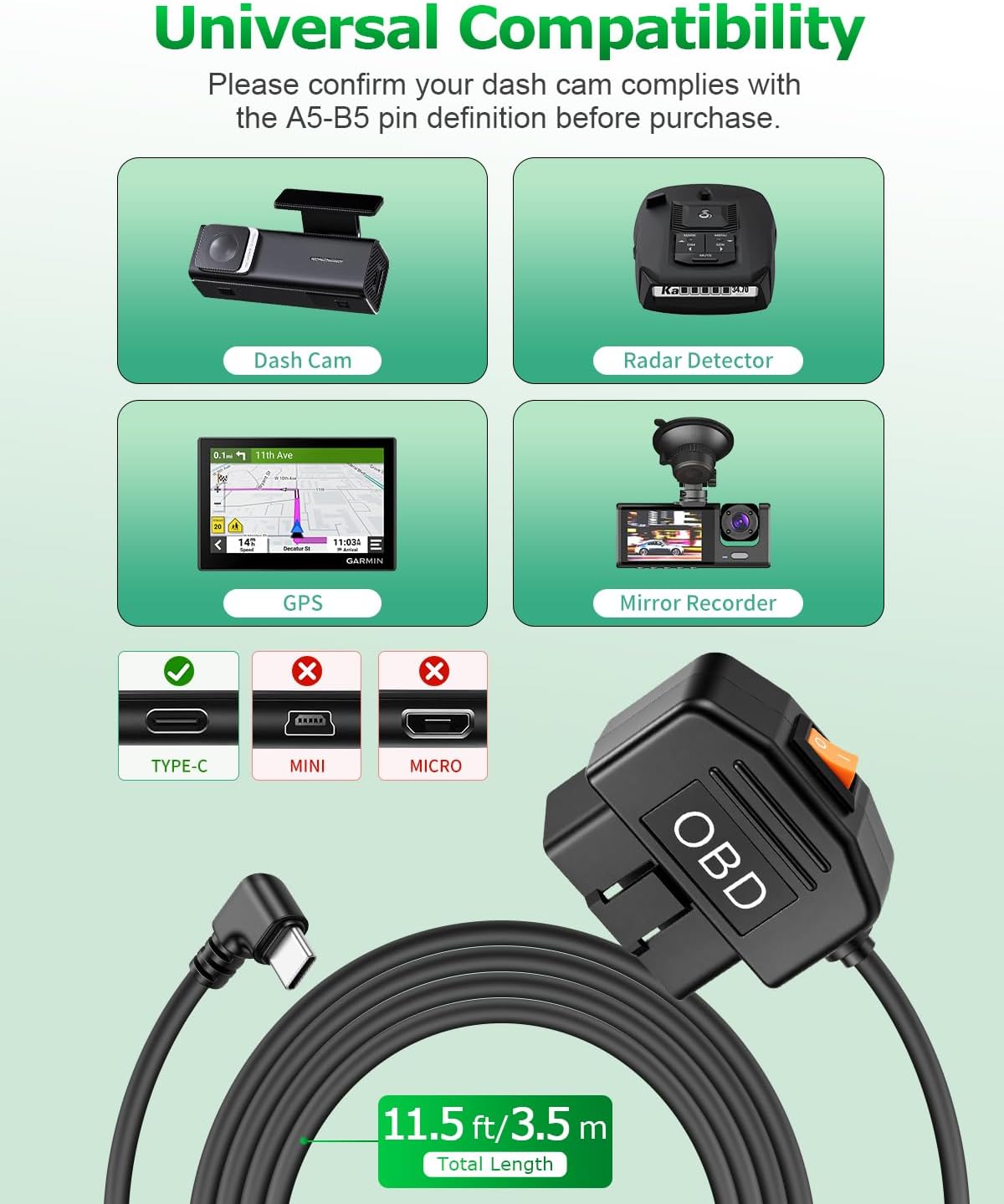 OBD2 Power Cable for Dash Cam OBD Hardwire Kit USB Type C with Parking Mode image 2