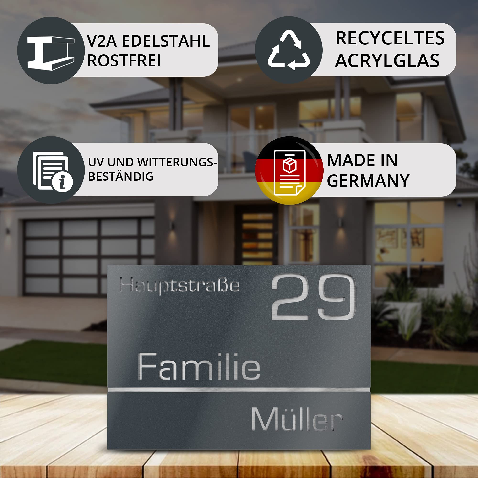 Número de Casa Exterior Personalizable de Acero Inoxidable. 215 x 150 mm en Gris antracita metálico Resistente a la Intemperie. Para Puertas y Portales. [Made in Germany]