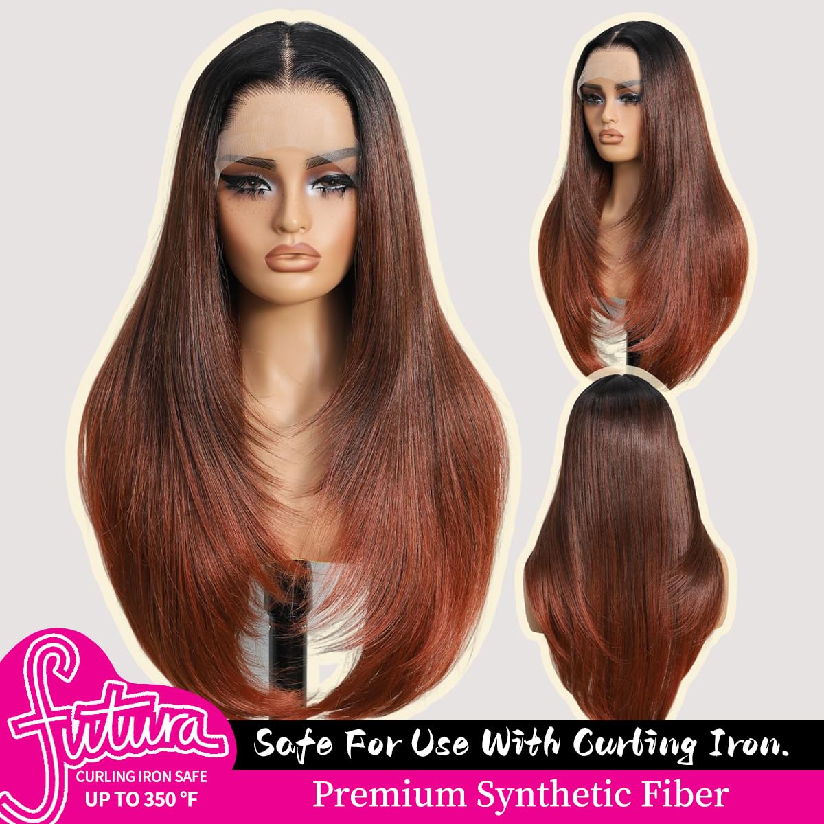 synthetic lace front wigs pre plucked 100% futura premium 13x4 hd lace ombre burgundy with black wigs for women 26 inch long layered straight wigs ready to wear wig with bangs daily party use ombre burgundy with black root