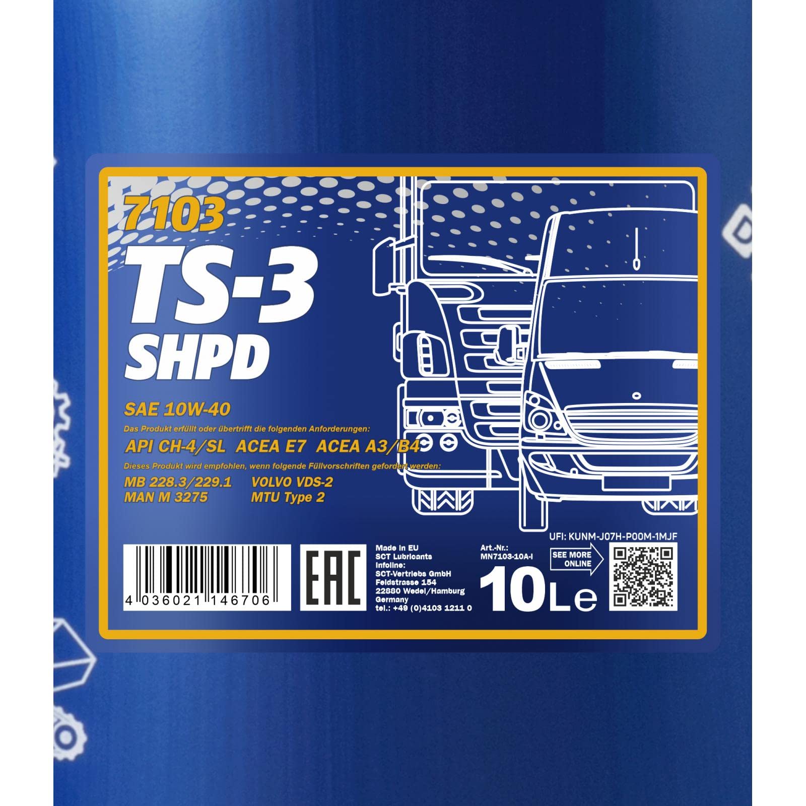 MANNOL 7103 TS-3 SHPD Motoröl 10W-40 mineralisch für Dieselmotoren, 10L | Ganzjahres-Mehrbereichsöl für Nutzfahrzeuge, Bau- und Landmaschinen, erfüllt API CH-4/SL, ACEA E7, MB 228.3, Euro I-IV