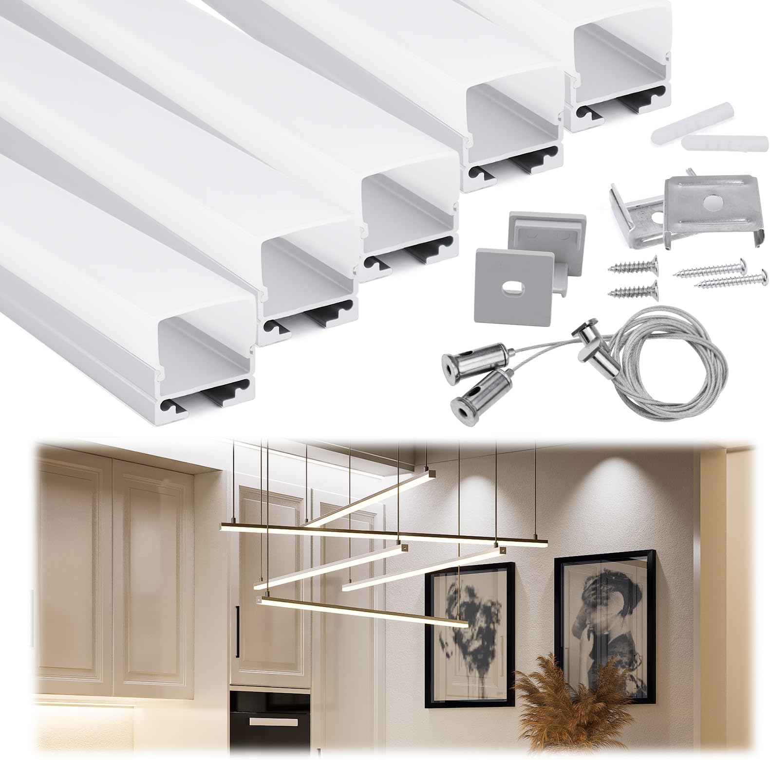 Muzata 5Pack 3.3FT/1M Spotless LED Channel with Hanging Wire No Hot Spots Silver Aluminum LED Strip Diffuser Channel with Milky White Cover U116 WW 1M